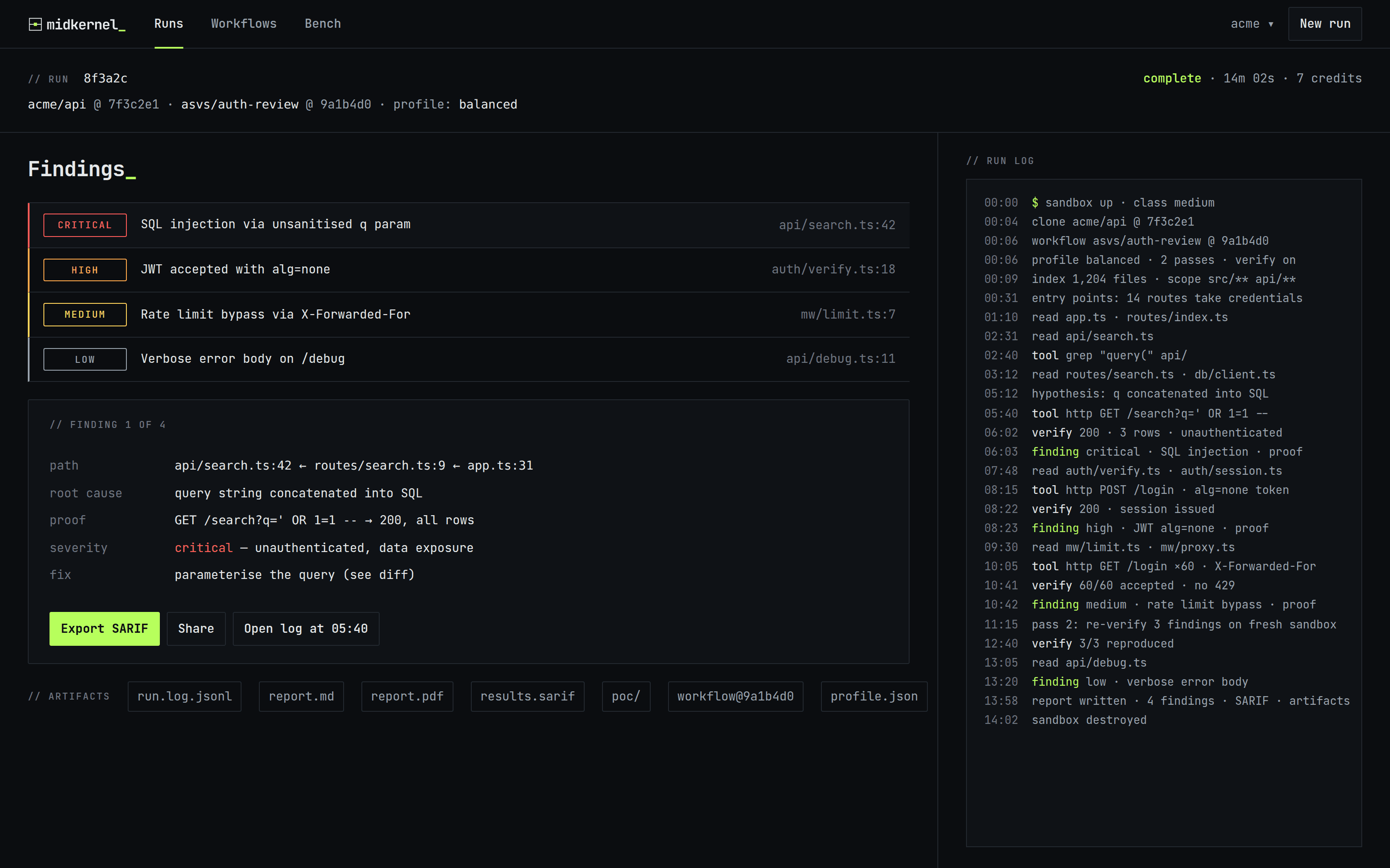 Midkernel run report: findings on the left, the run log on the right